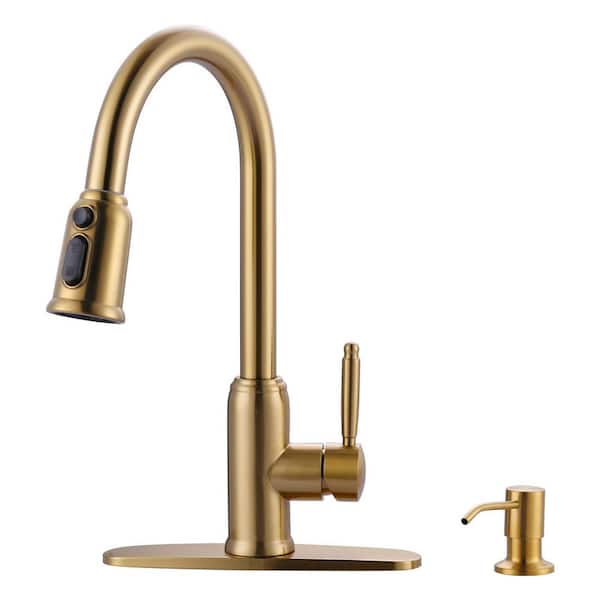 IVIGA 15.4 in. Single Handle Pull Down Sprayer Kitchen Faucet with 360° Swivel Spout, Soap Dispenser in Stainless Steel Gold