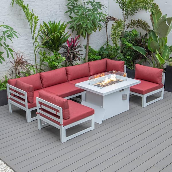 Leisuremod Cheslea White 7-Piece Aluminum Patio Fire Pit Set with Red Cushions