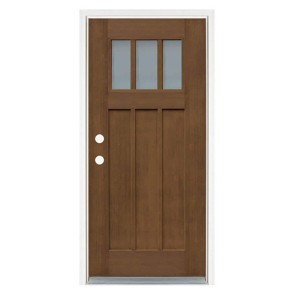 36 in. x 80 in. Medium Oak Right-Hand Inswing 3 Lite Frosted Craftsman Stained Fiberglass Prehung Front Door price history on PriceWatchPro