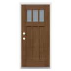 36 in. x 80 in. Medium Oak Right-Hand Inswing 3 Lite Frosted Craftsman Stained Fiberglass Prehung Front Door