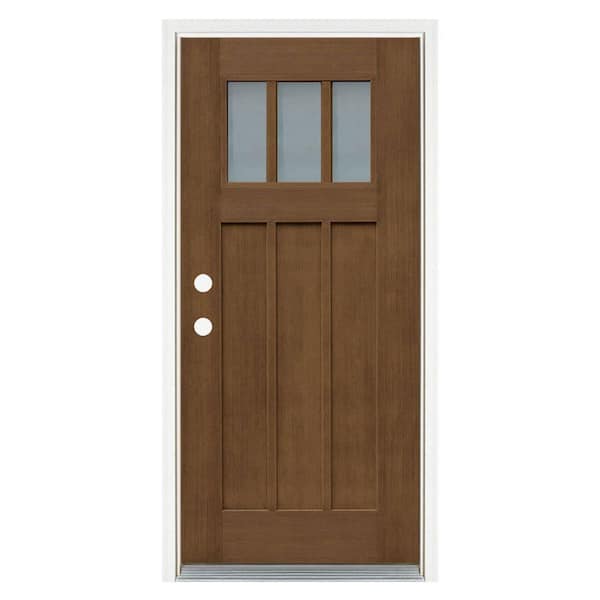 MP Doors 36 in. x 80 in. Medium Oak Right-Hand Inswing 3 Lite Frosted Craftsman Stained Fiberglass Prehung Front Door