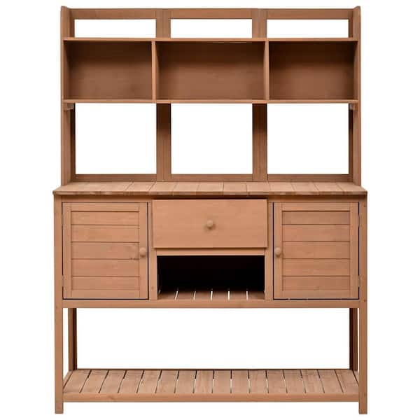 Zeus & Ruta 50.2 in. W x 66.1 in. H Garden Potting Bench Table in Brown with Hutch, Drawer and Adjustable Shelves for Backyard