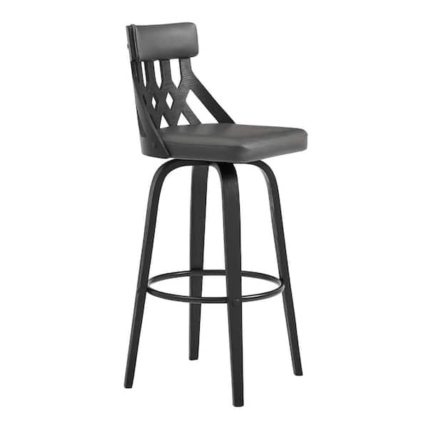 Armen Living Crux 26 in. Counter Height High Back Swivel Stool in Grey Faux Leather and Black Wood