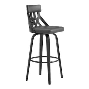 Crux 30 in. Bar Height High Back Swivel Bar Stool in Grey Faux Leather and Black Wood