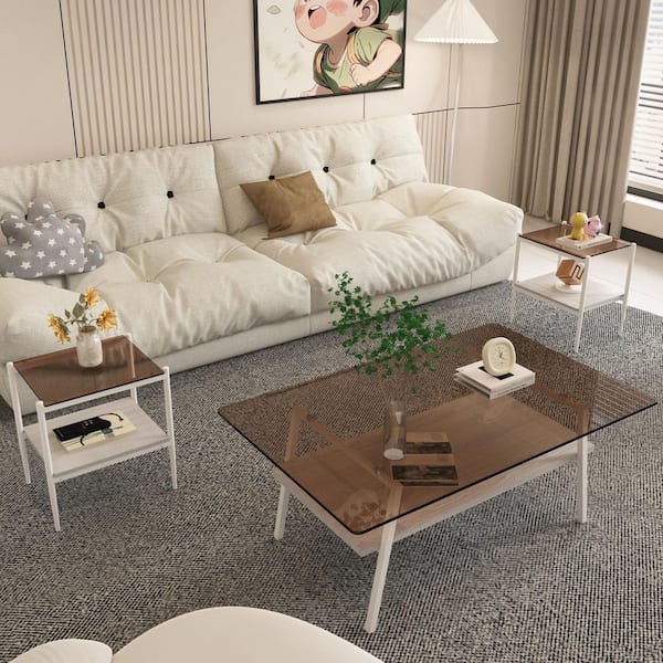 Seafuloy Set of 3 38.58 in. Rectangle Brown Tempered Glass Coffee Table with MDF Shelf and White Metal Legs with 2-End tables
