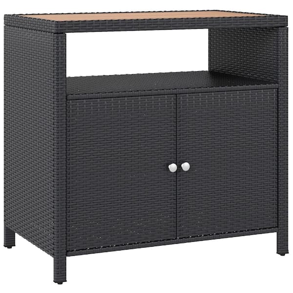 35.4 in. W Black Wicker Outdoor Storage Cabinet with Acacia Wood Top, Patio Buffet Sideboard, Poolside Bar Table