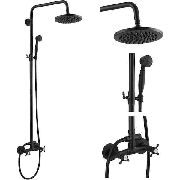 1-Spray 8 in. Wall Bar Shower Kit Rain Shower Head with Hand Shower and 2 Cross Knobs in Matte Black