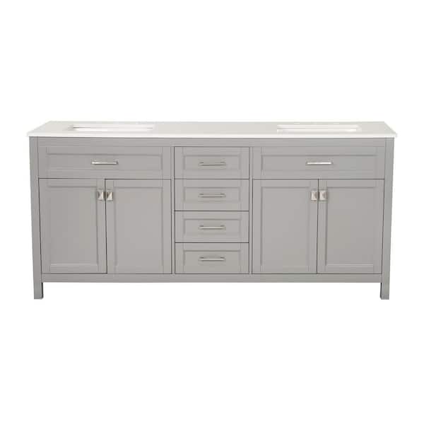 VANITYFUS Solid Wood 72 in. W. x 22.24 in. D x 34 in. H Double Sinks Bath Vanity in Gray with Carrara White Natural Marble Top