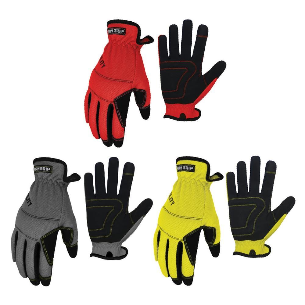 Firm Grip Tough Utility Gloves, 3 Pairs Red, Gray, Yellow, Large