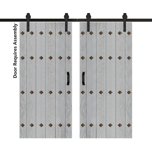 ISLIFE Mid-Century New Style 76 in. x 84 in. French Gray Finished Solid Wood Double Sliding Barn Door with Hardware Kit