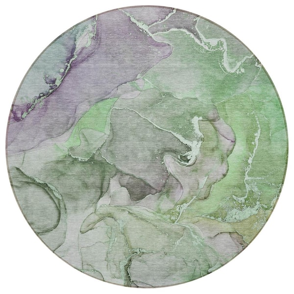 Green 8 ft. x 8 ft. Round Chantille Machine Washable Indoor/Outdoor Geometric ACN500 Area Rug