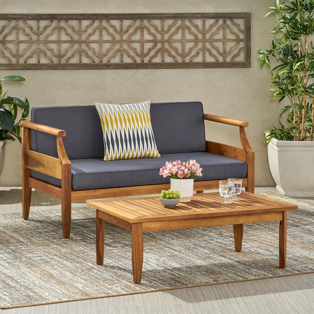 2-Piece Teak Finish Wood Outdoor Patio Loveseat Set Couch Sectional Set wit
