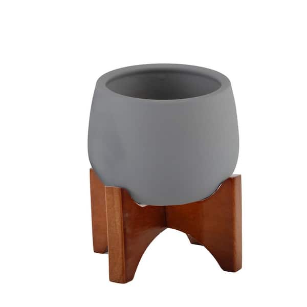 4.8 in. Bishop Small Gray Soft-Touch Ceramic Pot (4.8 in. D x 3.8 in. H) with Wood Stand