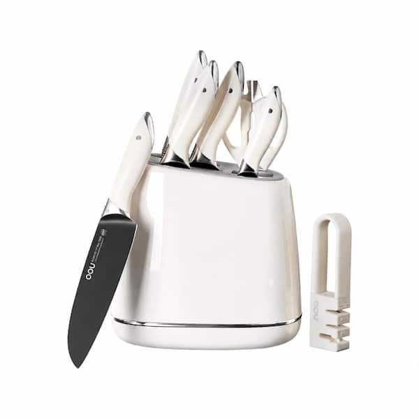 15-Piece German 1.4116 High-Carbon Stainless Steel Knife Block Set with BO Coating, Sharpener, White