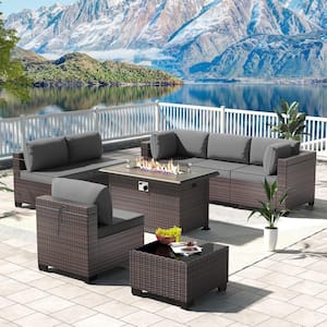 8-Piece Wicker Patio Conversation Set with 55000 BTU Gas Fire Pit Table and Glass Coffee Table and Grey Cushions