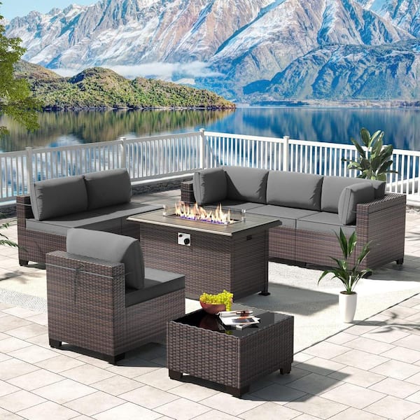 Halmuz 8-Piece Wicker Patio Conversation Set with 55000 BTU Gas Fire Pit Table and Glass Coffee Table and Grey Cushions