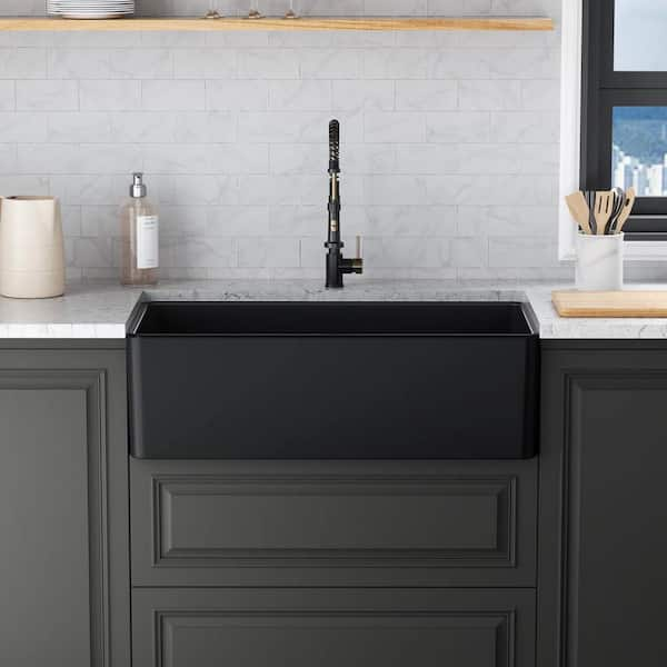 Matte Black Fireclay 33 in. Single Bowl Farmhouse Apron Workstation Kitchen  Sink with Bottom Grid and Strainer