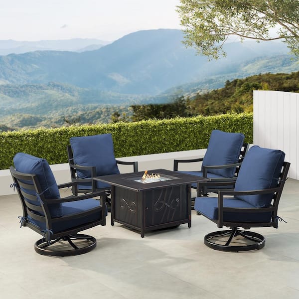 Oakland Living Black 6-Piece Aluminum Patio Fire Pit with 4-Club Chairs Blue Cushions