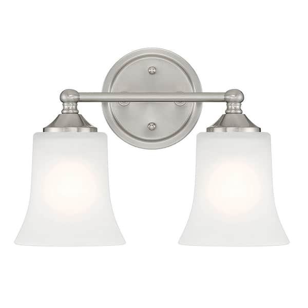 Designers Fountain Bronson 13.25 in. 2-Light Brushed Nickel Modern Vanity Light with Etched Glass Shade