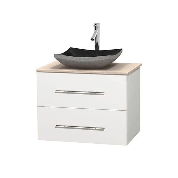 Wyndham Collection Centra 30 in. Vanity in White with Marble Vanity Top in Ivory and Black Granite Sink