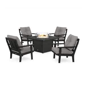 Mission 5-Pieces Plastic Patio Fire Pit Deep Seating Set in Black with Grey Mist Cushions