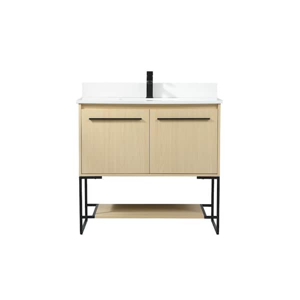 Unbranded 36 in. W Single Bath Vanity in Maple with Engineered Stone Vanity Top in Ivory with White Basin with Backsplash