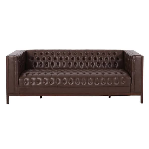 Noble House Tamarisk 79 in. W 3-Seat Square Arm Faux Leather Straight Dark Brown and Espresso Sofa