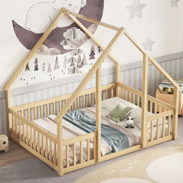 Natural Yellow Wood Frame Full Size House-Shaped Platform Bed with Fence and Guardrails