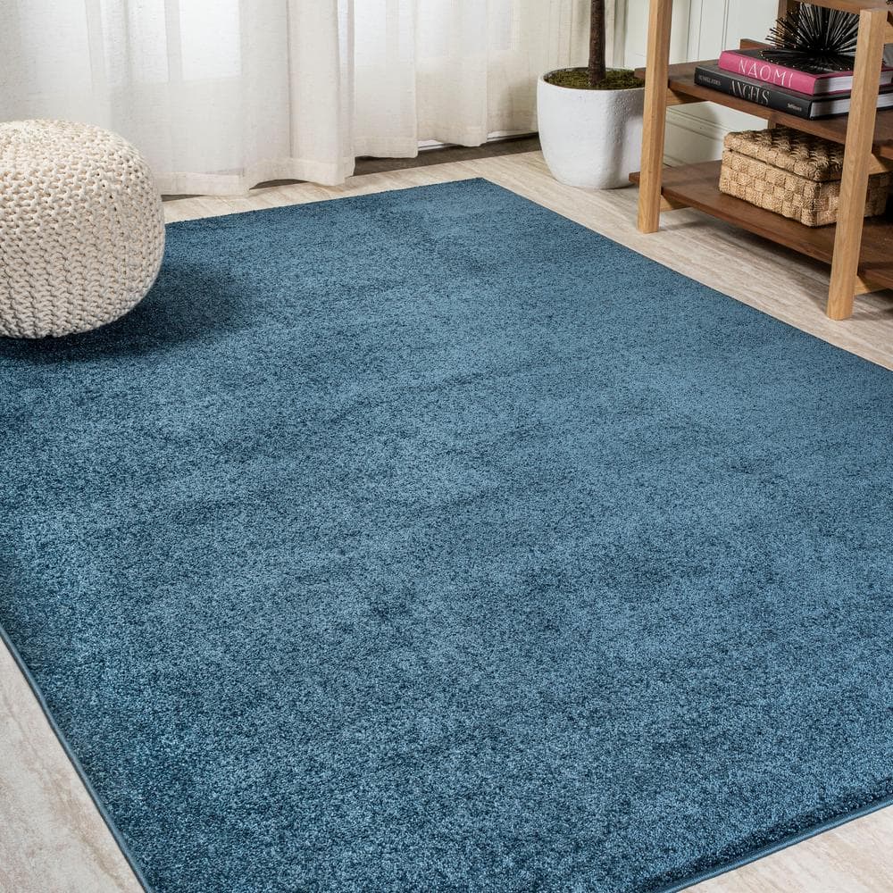 Navy Solid Synthetic Low-Pile Rectangular Area Rug, 8'x10'