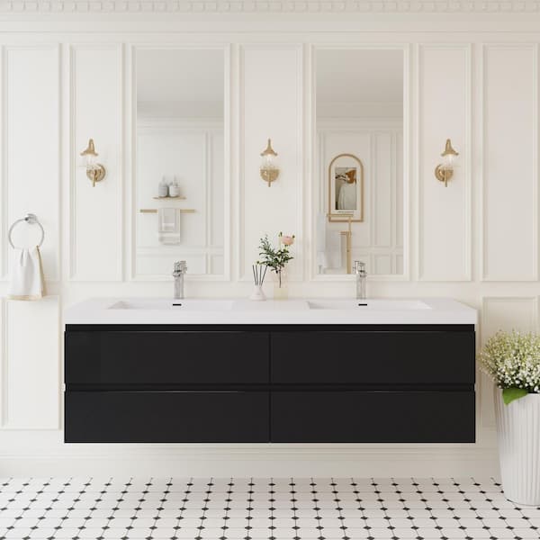 ANGELES HOME 72 in. W Floating Bathroom Vanity in Glossy Black with White Resin Top Basin, 4-Soft Close Drawers