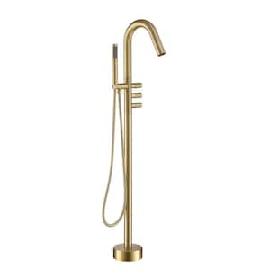 Freestanding Floor Mount 3-Handle Bath Tub Filler Faucet with Handheld Shower and Water Supply Lines in Brushed Gold