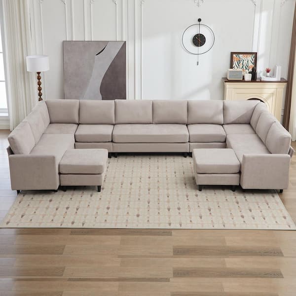 155.9 in. Width Linen Convertible Large U-Shaped Shaped Sofa Couch, Large 12-Seater Sofa with 2 Ottomans in Gray