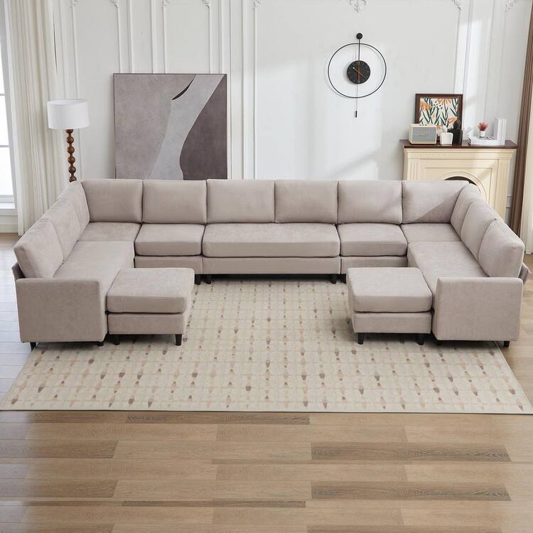JEAREY 155.9 in. Width Linen Convertible Large U-Shaped Shaped Sofa Couch, Large 12-Seater Sofa with 2 Ottomans in Gray