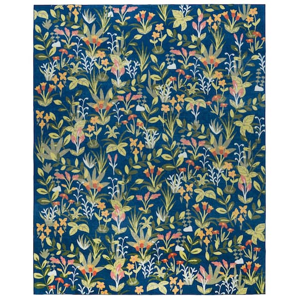 Martha Stewart Washable Navy/Gold 8 ft. x 10 ft. Machine Washable Botanical Floral Area Rug
