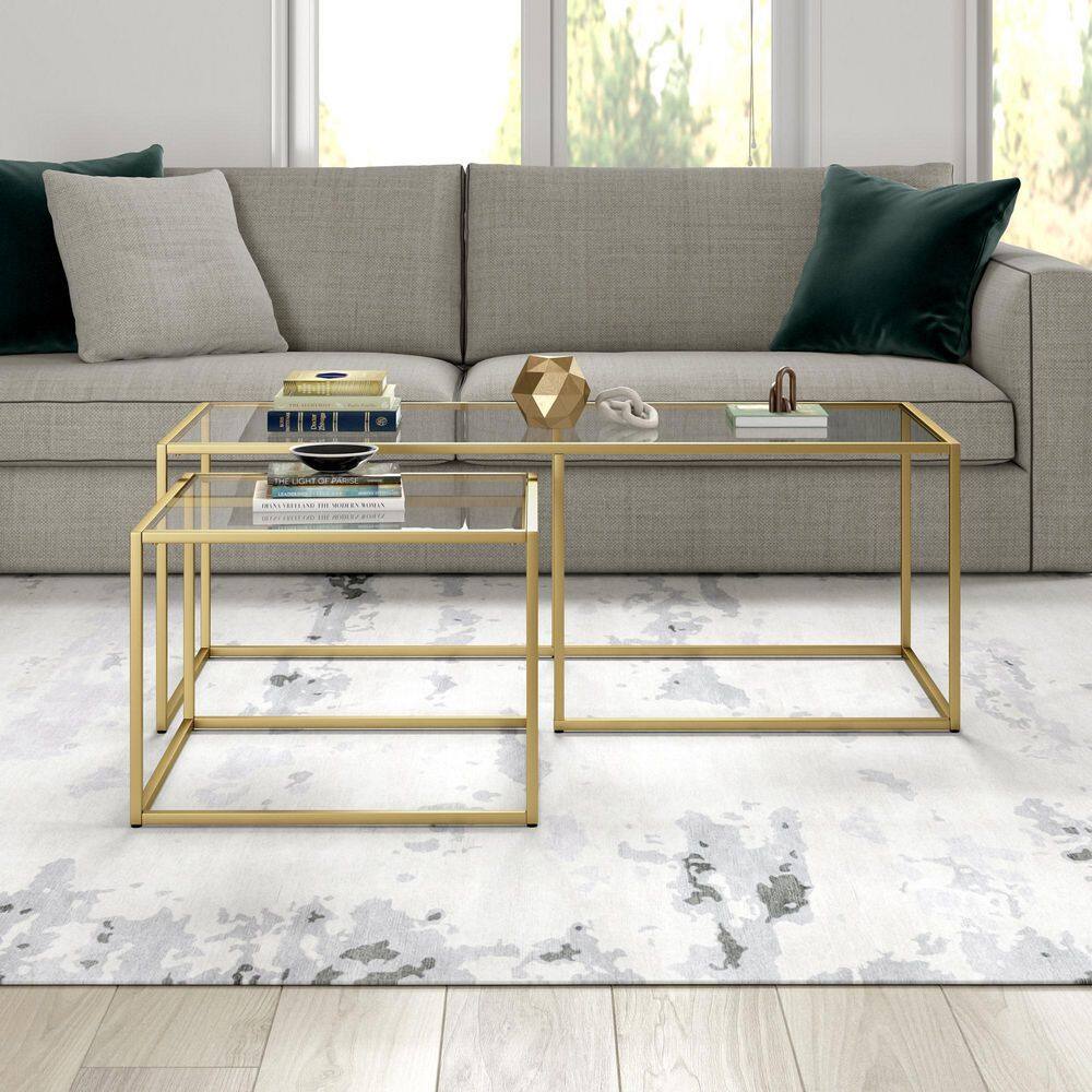 Kennedy Brass Finish Rectangular Nesting Coffee Table with Glass Top