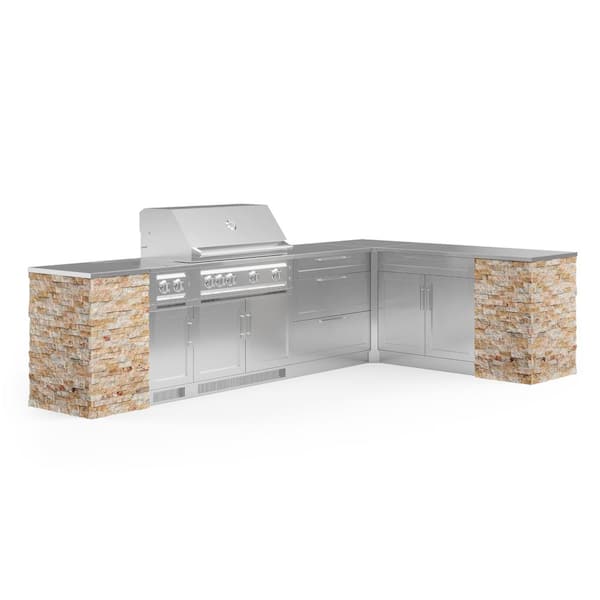 NewAge Products Signature Series Stainless Steel 11-Piece L Shape Outdoor Kitchen Cabinet Set with Natural Gas Platinum 40 in. Grill