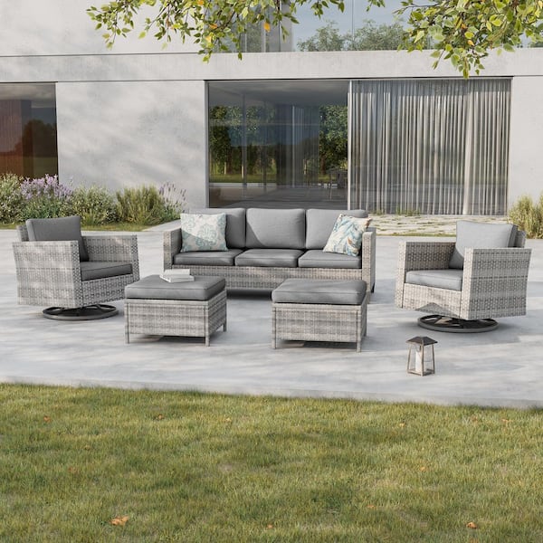 5-Piece Patio Conversation Set Gray Wicker with Swivel Rocking Chair and Gray Thickening Cushions