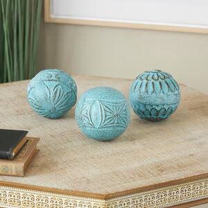 Blue Handmade Paper Mache Intricately Carved Decorative Ball Orbs & Vase Filler with Various Floral Patterns (3- Pack)