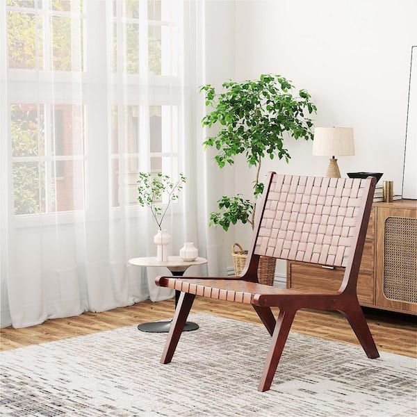Brown Woven Leather Accent Chair Mid Century Rubber Wood Armless Side Chair