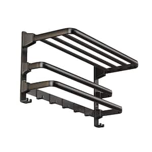 23.6 in. W x 10.8 in. D x 10.2 in. H Foldable Metal Rectangular Bathroom Wall Shelves with Towel Bar and Hooks in Black