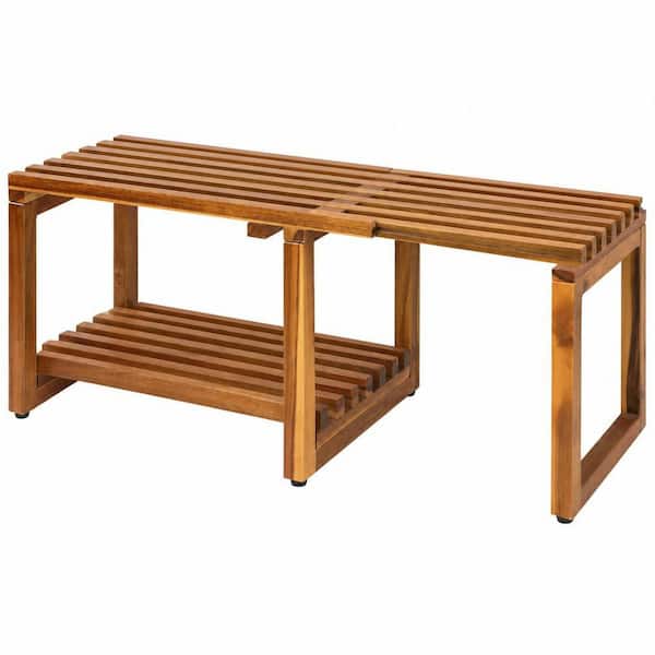 Adjustable Length Acacia Wood Shower Stool Bench Chair in Brown with Storage Shelf for Seniors