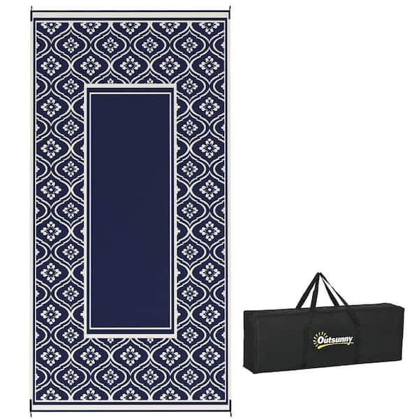 Outsunny Blue and White Gourd Border 9 ft. x 18 ft. Waterproof Plastic Straw Floor Mat Large Reversible Outdoor Rug Area Rug
