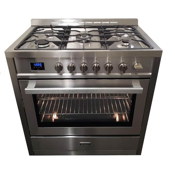 Bravo KITCHEN 36 in. 5 Burner Slide-In Dual Fuel Range in Commercial Stainless Steel with European Convection, Broil and Air Fryer