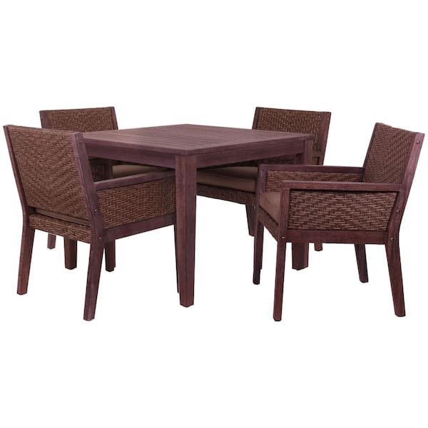 Courtyard Casual Buena Vista II Collection Rustic Taupe Brown Wood 5-Piece Wood Outdoor Dining Set with Sunbrella Beige Cushions