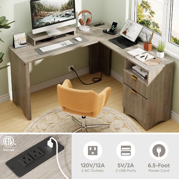 55 in. Wash Grey 2 Storage Drawers L-Shaped Computer Desk with Power Outlets,Lift-Top and Monitor Stand
