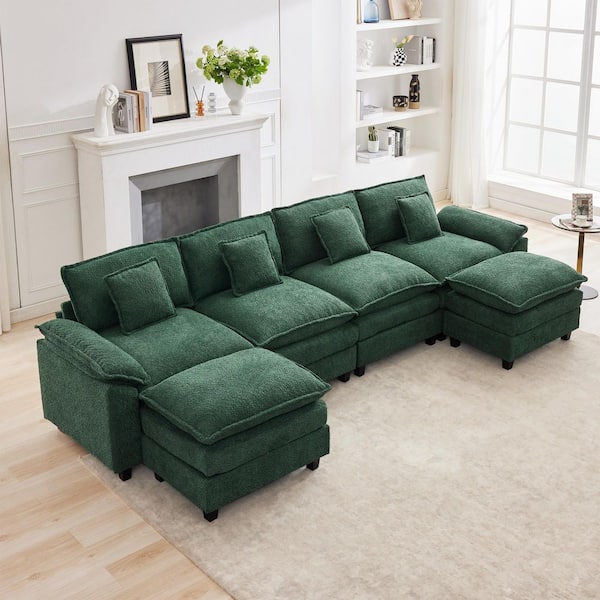 JEAREY 136.6 in. Width Pillow Top Arm Chenille Fabric U-Shaped Sectional Sofa with 2-Ottomans for Living Room in Avocado Green