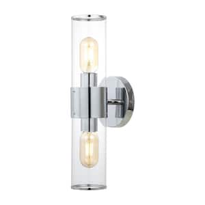 Quinn 15.5 in. 2-Light Mid-Century Modern Iron/Acrylic LED Sconce, Chrome/Clear