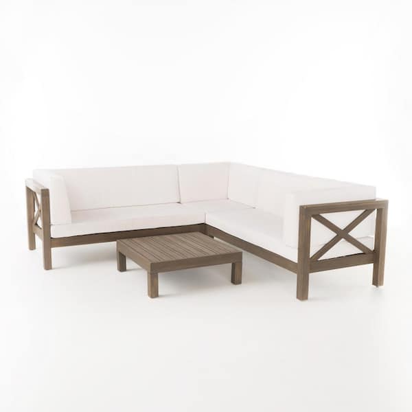 Brava Gray 4-Piece Wood Outdoor Patio Sectional Set with White Cushions
