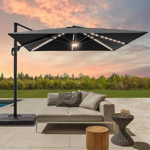 Black Premium 10 x 10 ft. LED Cantilever Patio Umbrella with Base and 360° Rotation and Infinite Canopy Angle Adjustment