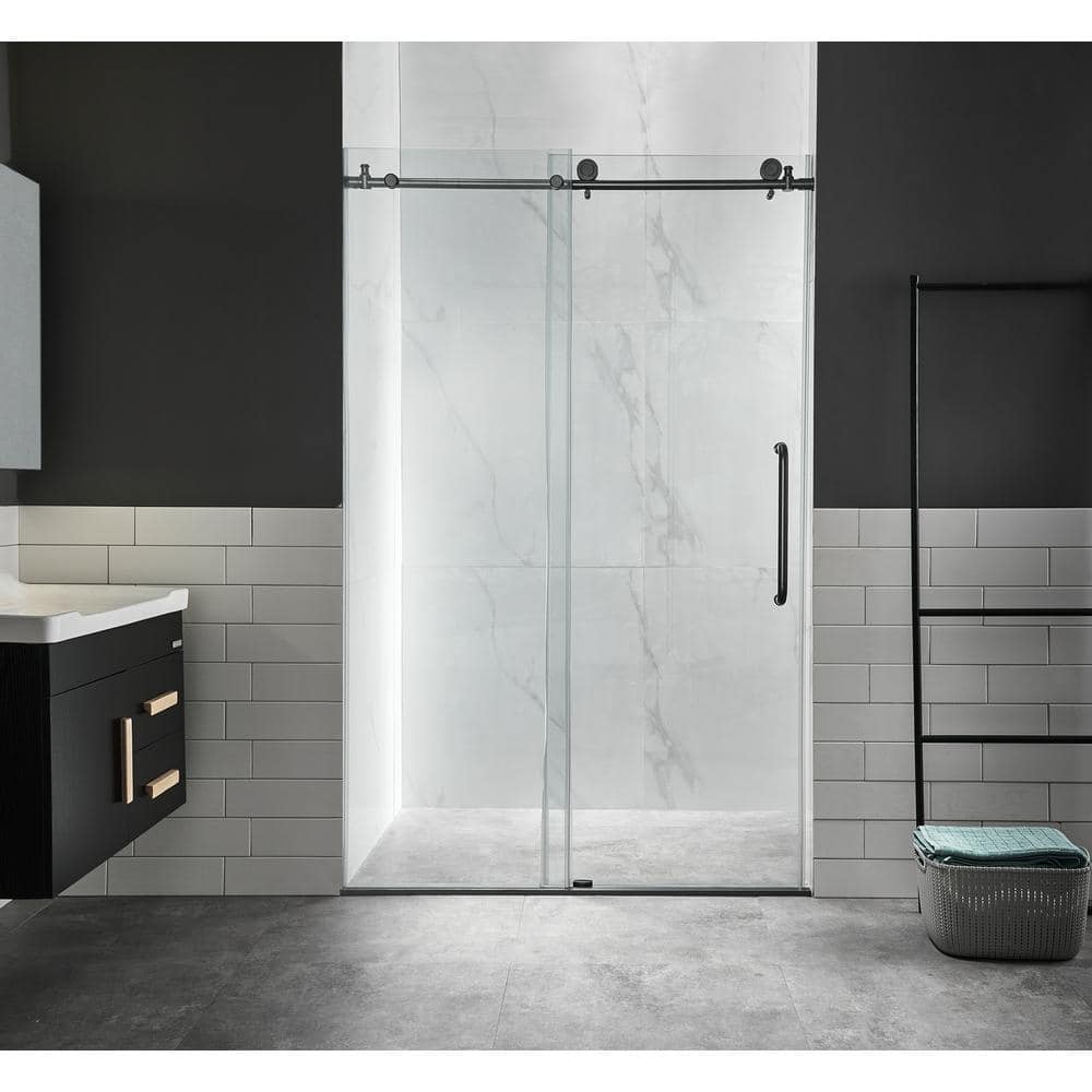 Matte Black Frameless Sliding Shower Door with Clear Glass Panels